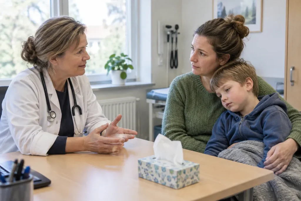 Läkare på vårdcentral förklarar för en mamma och hennes sjuka son