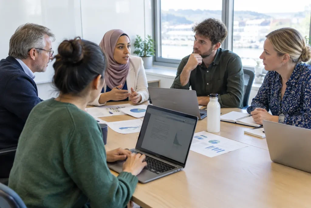 Forskare från olika länder diskuterar kring ett mötesbord