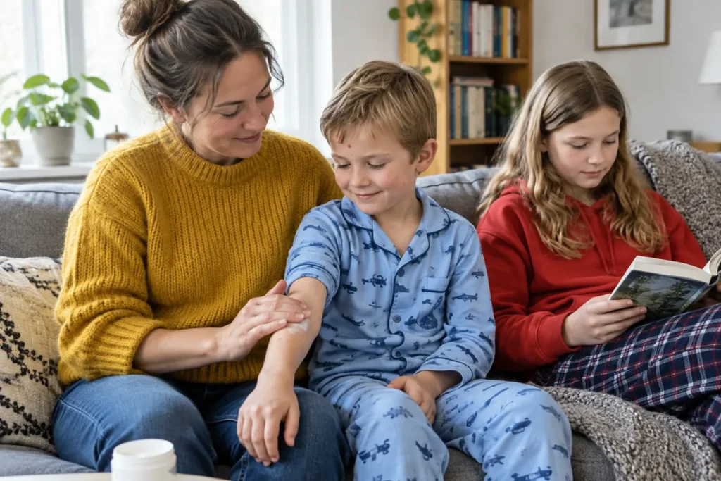 Mamma smörjer in sin son som har vattkoppor medan systern läser bredvid
